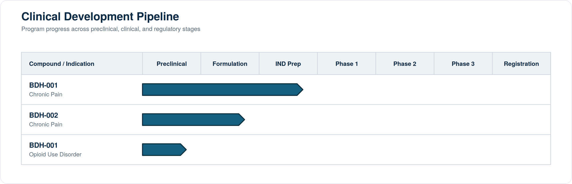 BDH Pharma clinical development pipeline: program progress across preclinical, formulation, IND prep, and clinical phases for BDH-001 (chronic pain), BDH-002 (chronic pain), and BDH-001 (opioid use disorder)